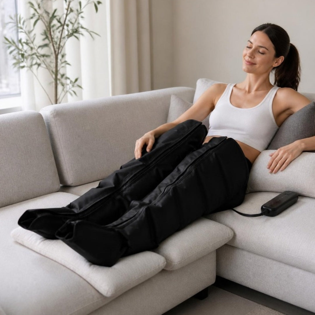 Urban Lux Compression: botas de compresión de piernas usadas en el sofá