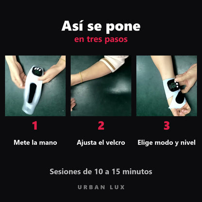 Cómo se pone el Urban Lux EMS Pro en tres pasos: meter la mano, ajustar el velcro y elegir modo y nivel